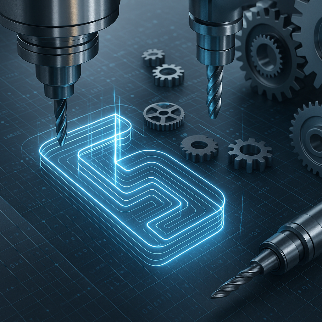 Illustration numérique de l’automatisation de l’usinage CNC avec des trajectoires d’outils 3D, des engrenages et des outils de coupe métalliques sur un arrière-plan en grille lumineuse.