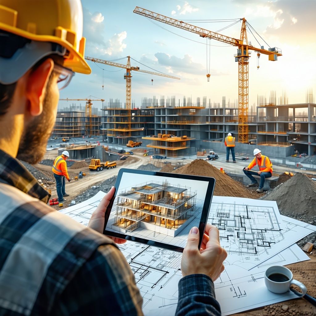 Construction worker holding a tablet displaying a 3D building model over architectural blueprints, with an active construction site and several workers operating in the background.