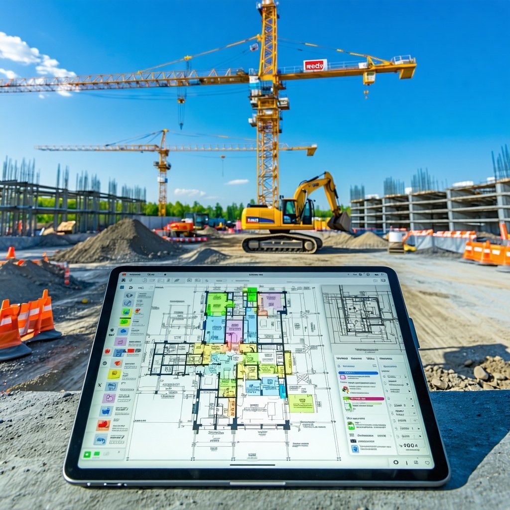 Digital tablet showing engineering plans at a modern construction site with cranes, scaffolding, and a RedEye banner in view.