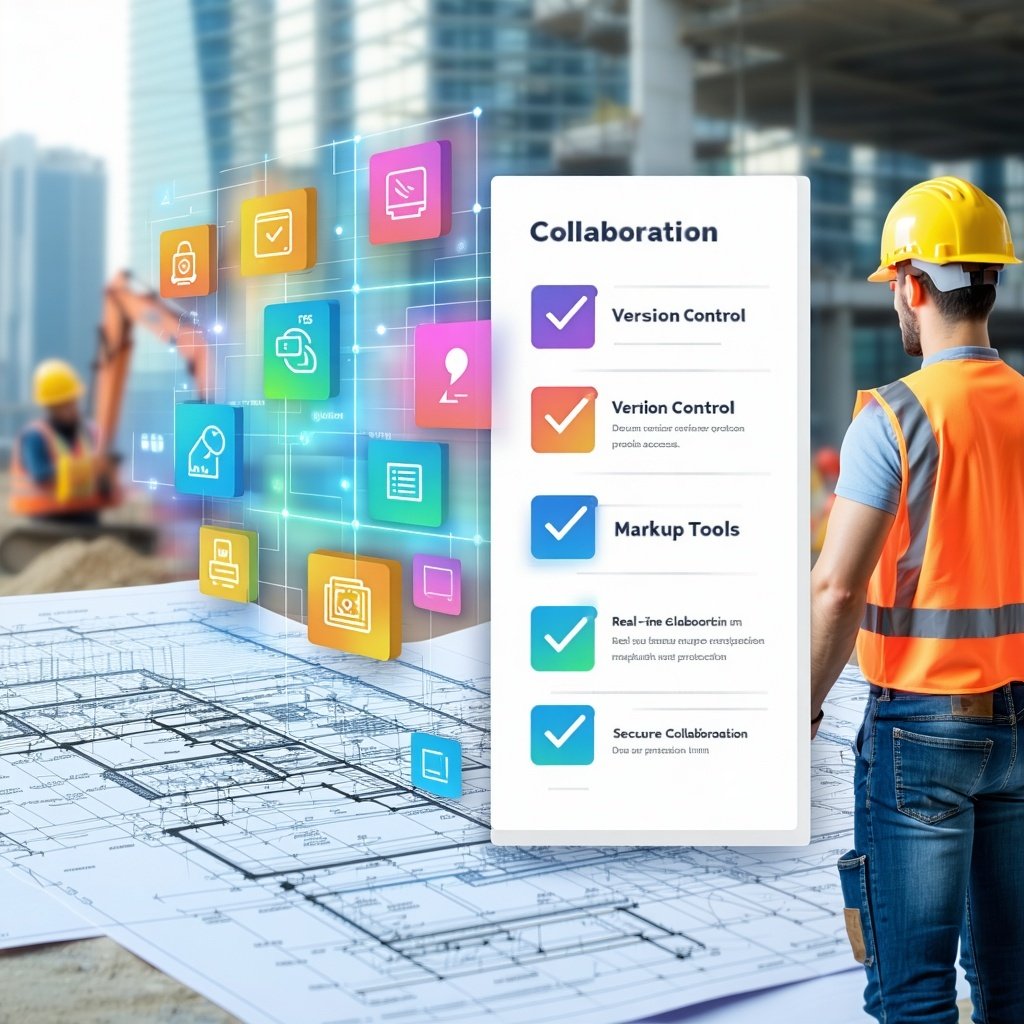 Construction workers with digital plans and collaboration features overlay.