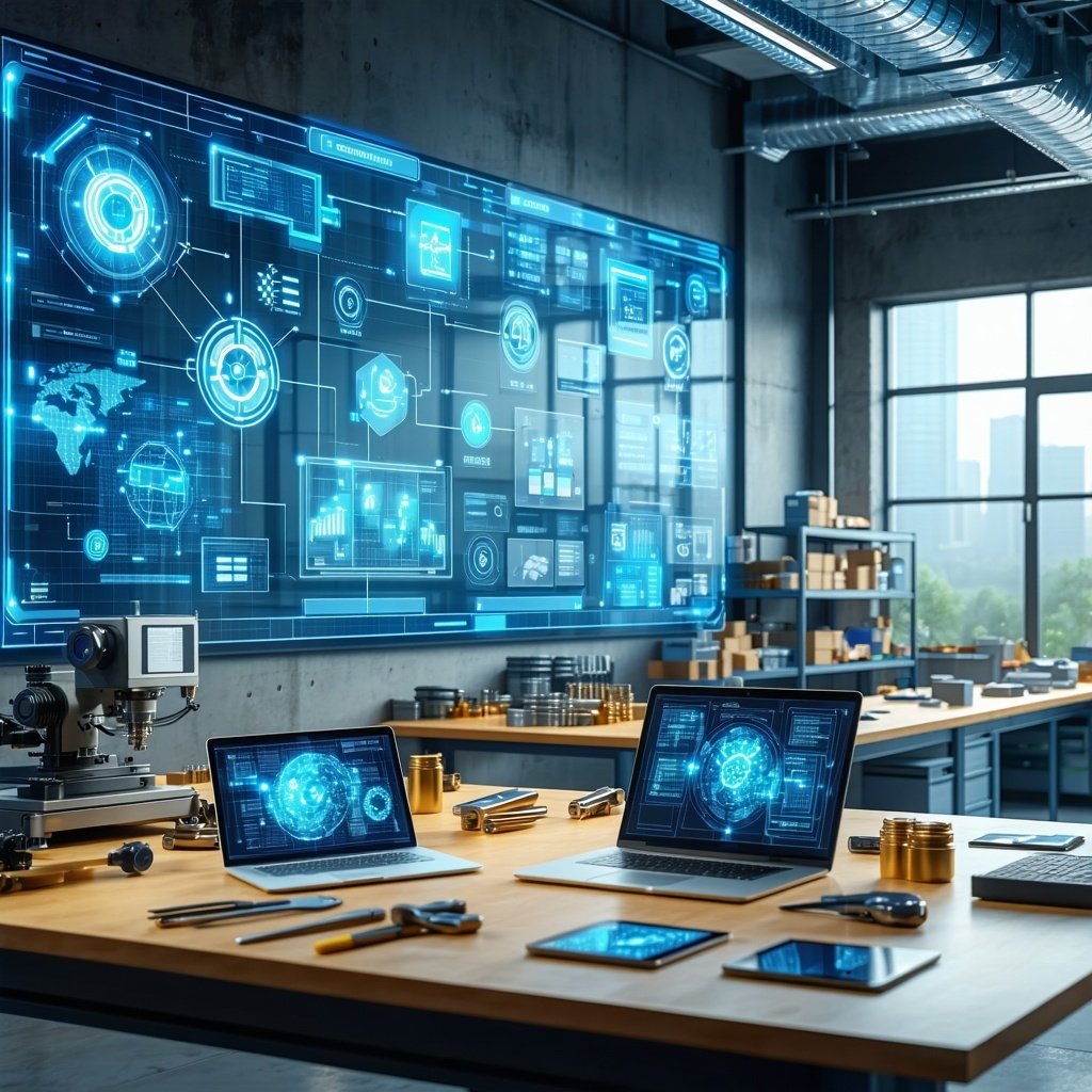 Modern manufacturing space with a digital flowchart, CAD projections, and devices showing real-time data.