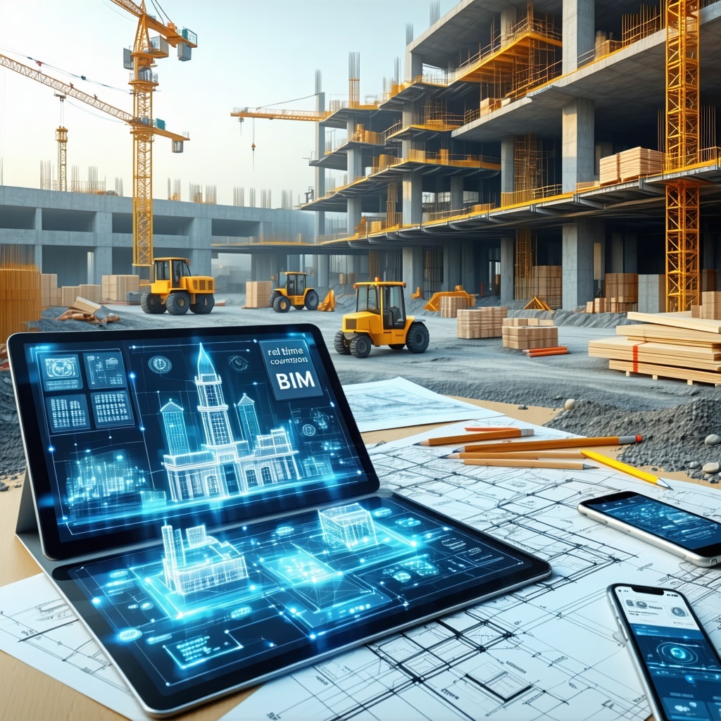 Tablet with 3D BIM model on a construction site with cranes and building under construction in the background.