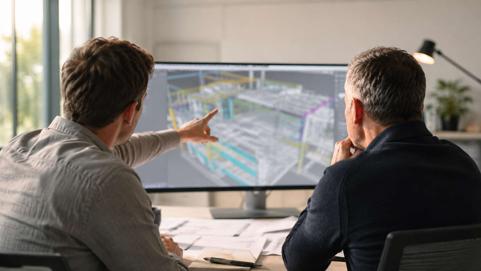 Two engineers reviewing an abstract 3D building space model on a large monitor in a modern office, with one pointing at the screen during a design coordination discussion.