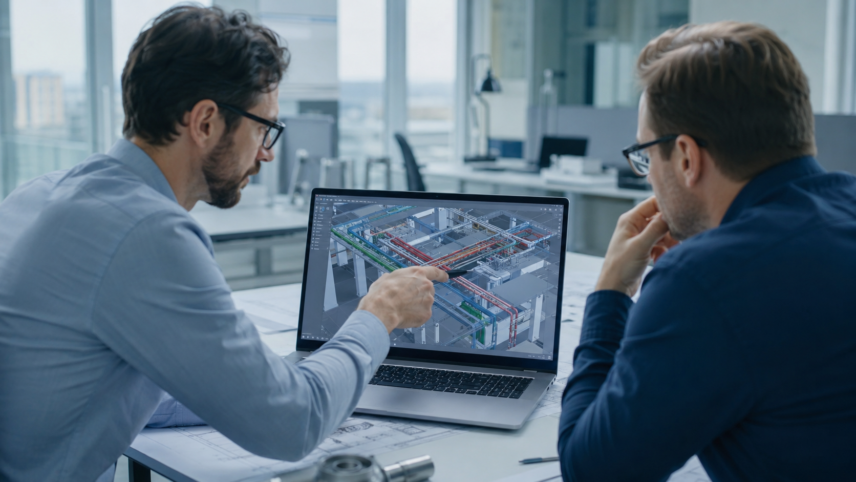 Two MEP engineers reviewing a 3D digital twin of building mechanical systems on a laptop, showing pipes and ductwork in a modern office setting.