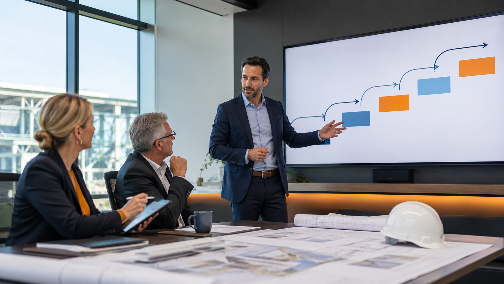 Infrastructure engineering stakeholders participating in a digital practice assessment workshop with a facilitator reviewing abstract workflow diagrams in a modern office.