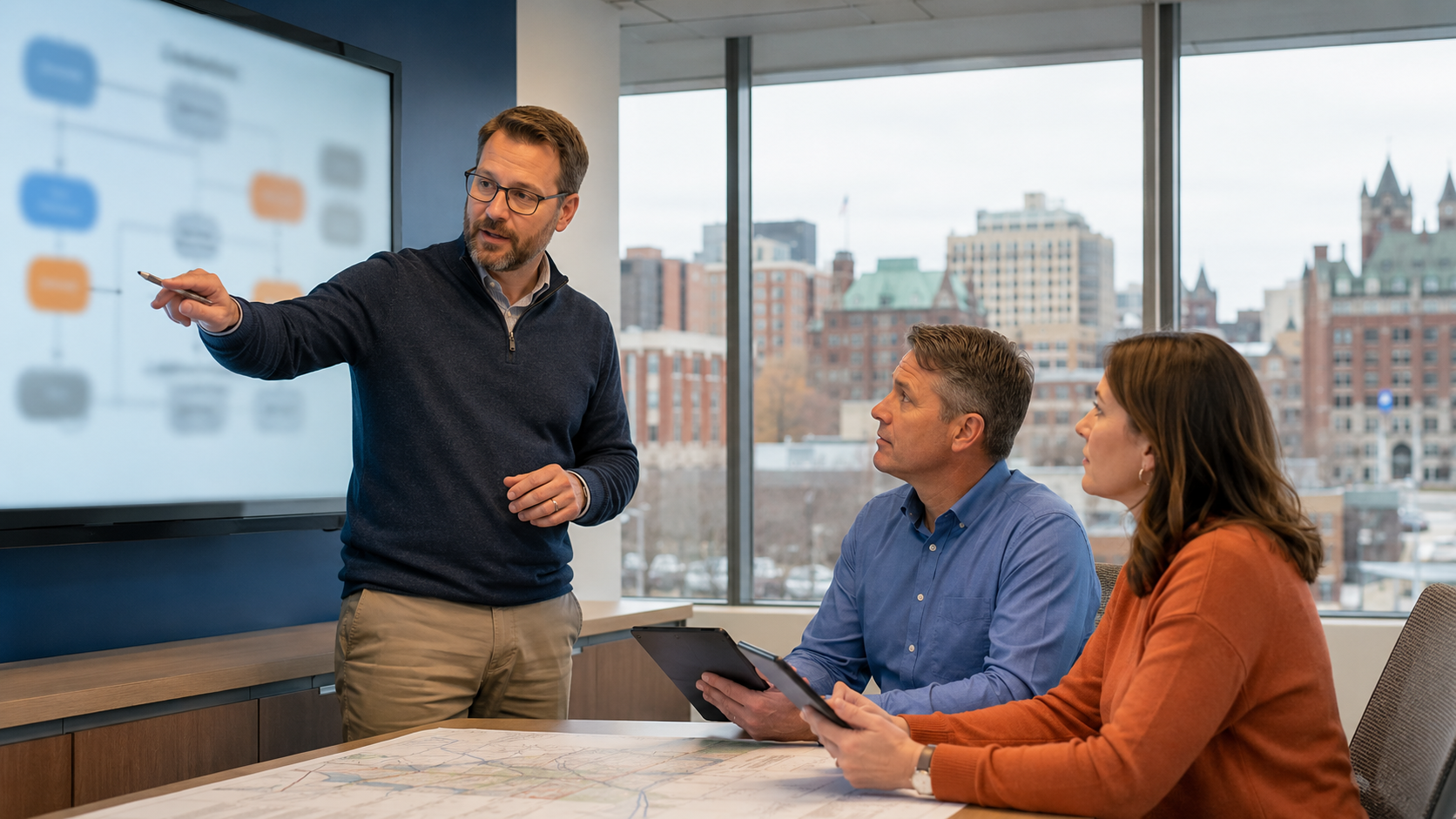 Municipal GIS analyst, civil engineer, and development review coordinator collaborating at dual monitors showing blurred CAD and GIS data in a modern Canadian engineering office.