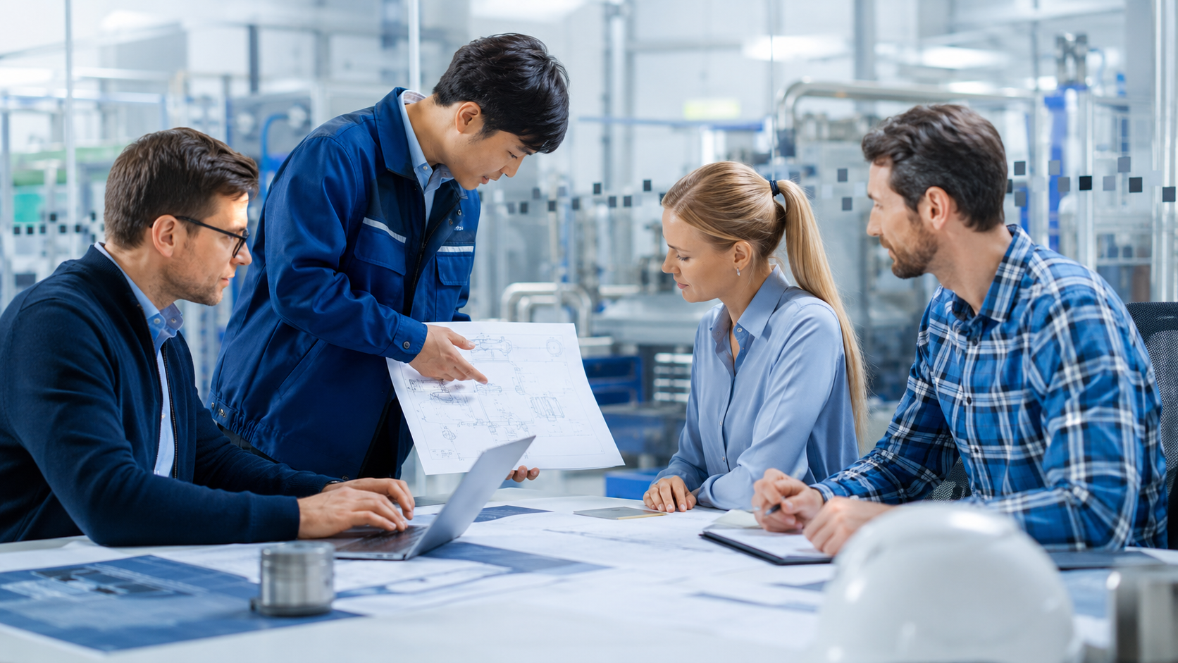 Cross-functional engineering team reviewing a P&ID drawing, laptop documents, and project notes in a modern industrial facility.