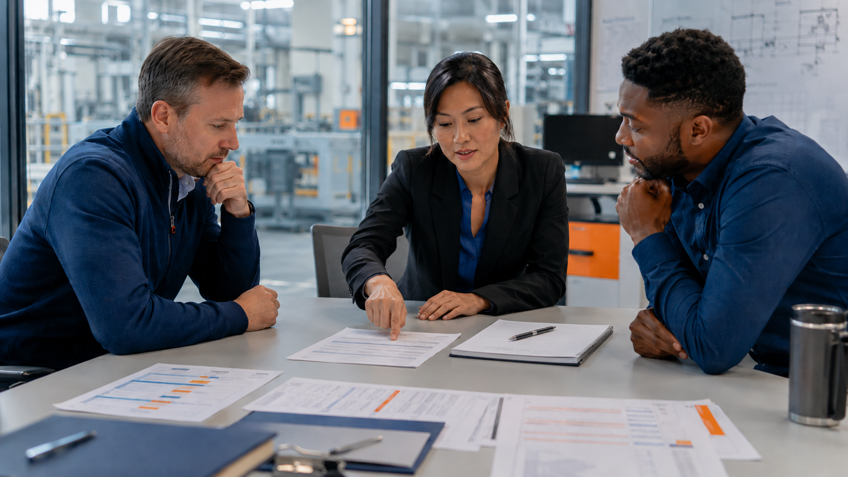 Document controller and senior engineer reviewing engineering drawings at a structured workstation while a field technician accesses document information near industrial equipment, illustrating two approaches to engineering document management.