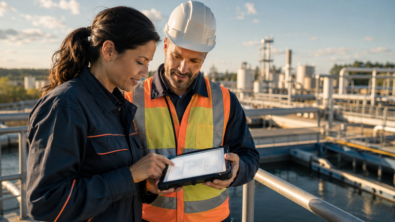 Engineer, document controller, and maintenance planner collaborating around a monitor with a blurred engineering drawing in a modern utility office, illustrating centralized document access and a single source of truth.