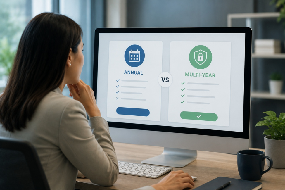 Person working on computer viewing between annual vs multi-year